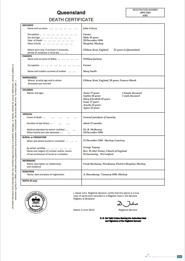 Download Australia Queensland death certificate template in Word Photoshop template